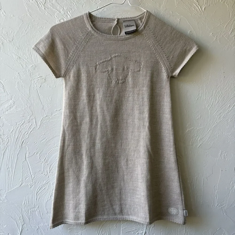 Lillelam Girls 100% Merino Wool Beige A-Line Knit Dress Sheep Knee Sz 104/ 4T